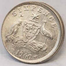 AUSTRALIA 1960 . SIXPENCE . ERROR . STRUCK OFF CENTRE